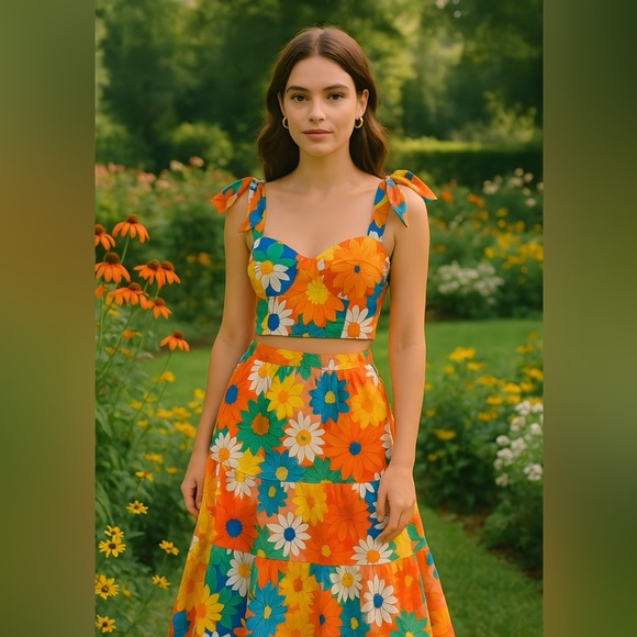 Vibrant Floral Crop Top and Skirt Set - Picture 2 of 5